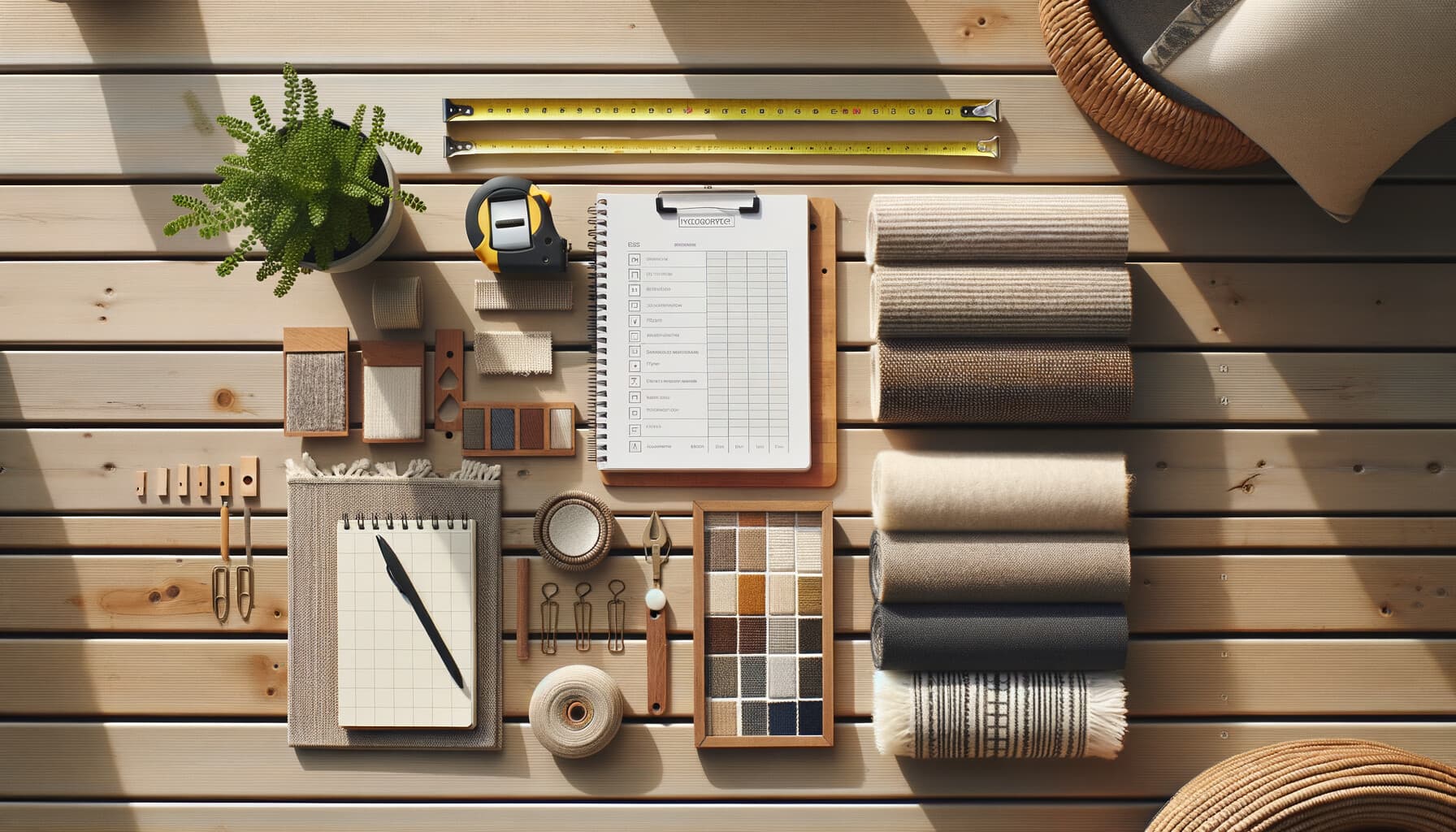 Checklista för köp av altanmatta – mätband, materialprover och anteckningsblock på en altan