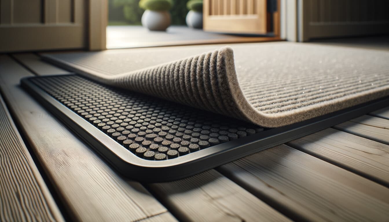 Altanmatta med halkskydd undertill placerad vid altandörren