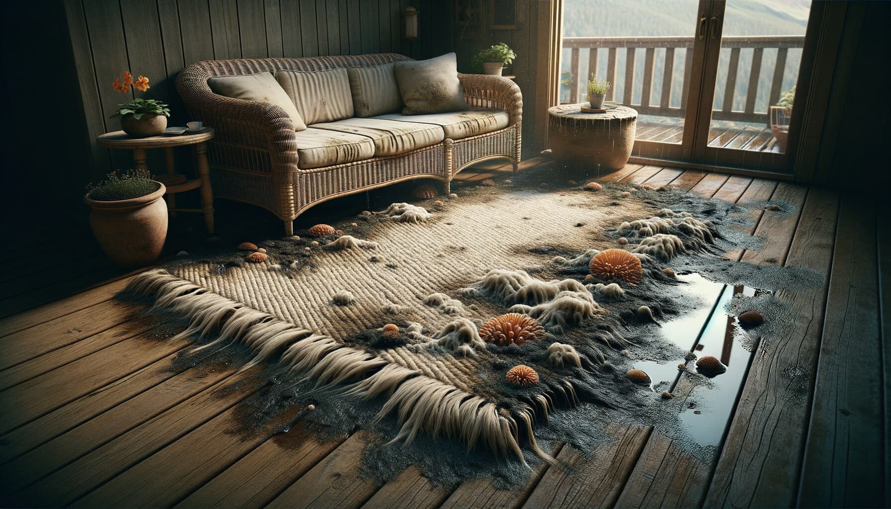 Förstörd jutematta utomhus med mögel och fuktskador – fel material för altan