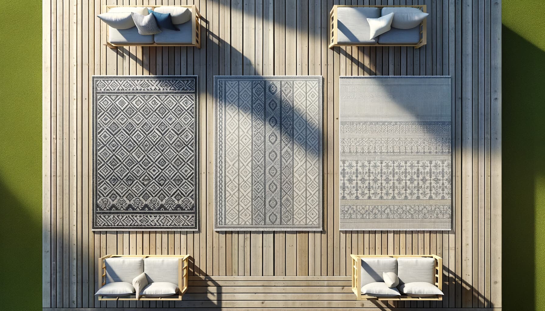 Jämförelse av altanmattor i olika material lagda sida vid sida på en altan