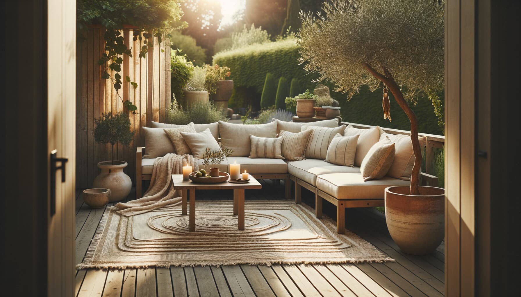 Altanmatta under en loungesoffa på en mysig altan med kuddar och växter