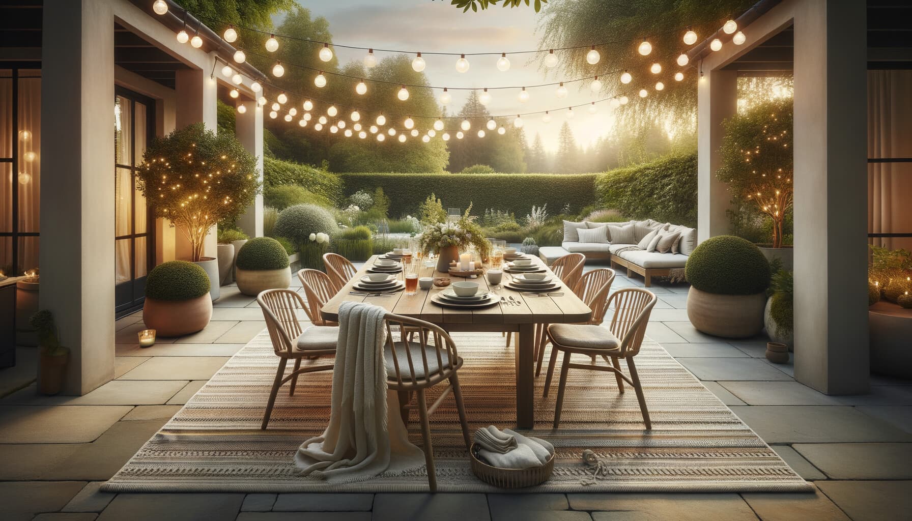 Altanmatta under ett dukat matbord med stolar på en sommaraltan