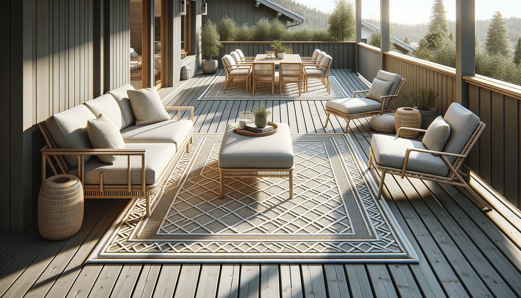 Korrekt placering av altanmatta under utemöbler – avstånd till räcke och möbelben på mattan