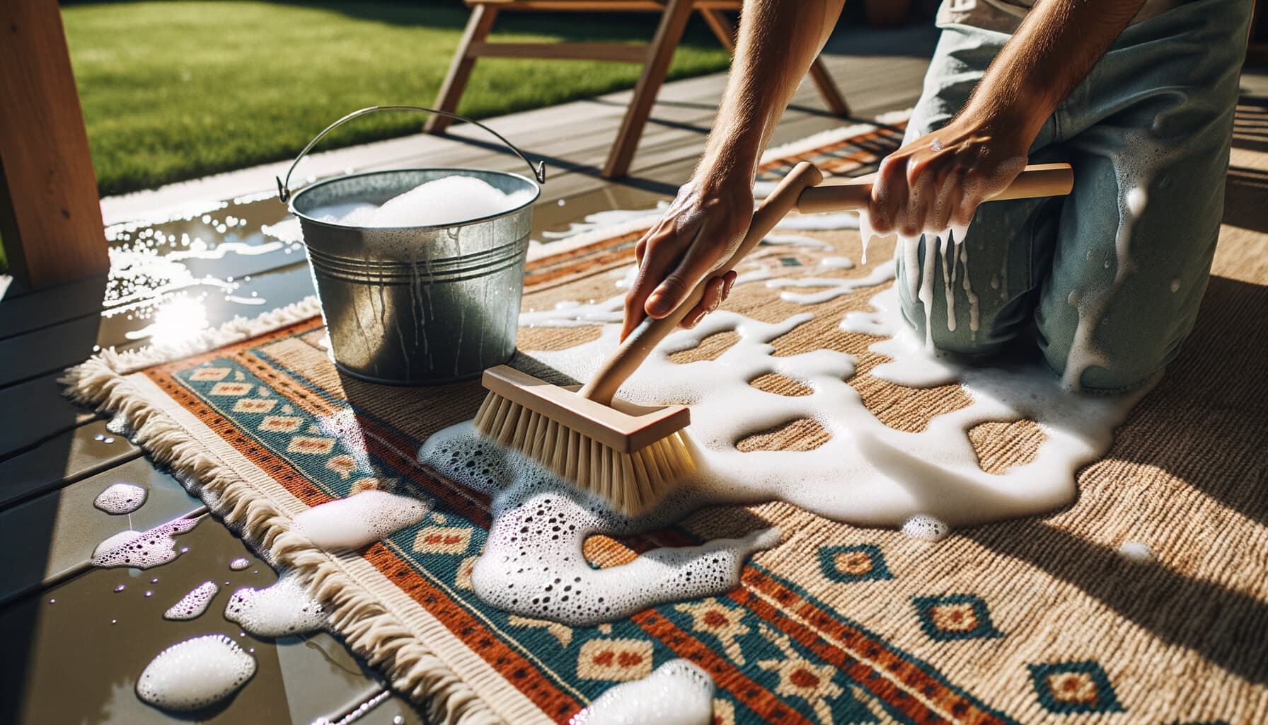 Rengöring av altanmatta med vatten och mild tvål utomhus i solsken