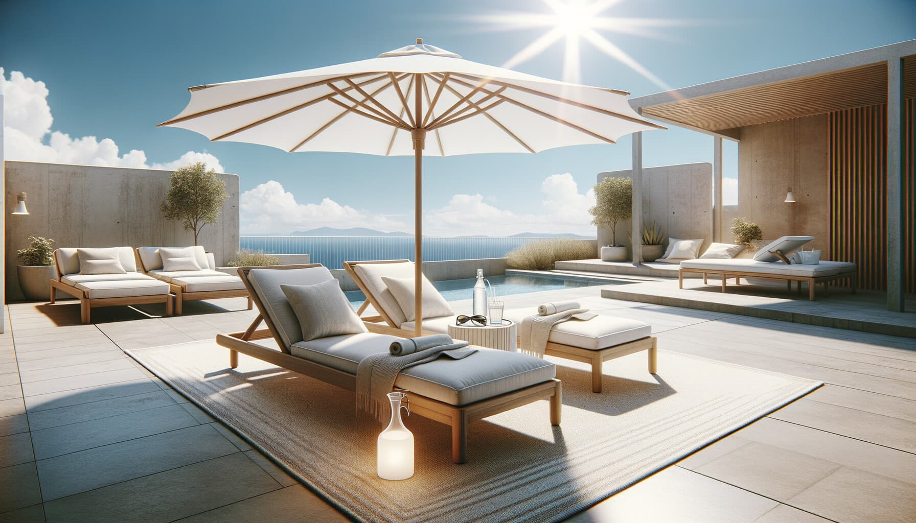 Ljus altanmatta på en solterrass med solstolar och parasoll i sommarsol