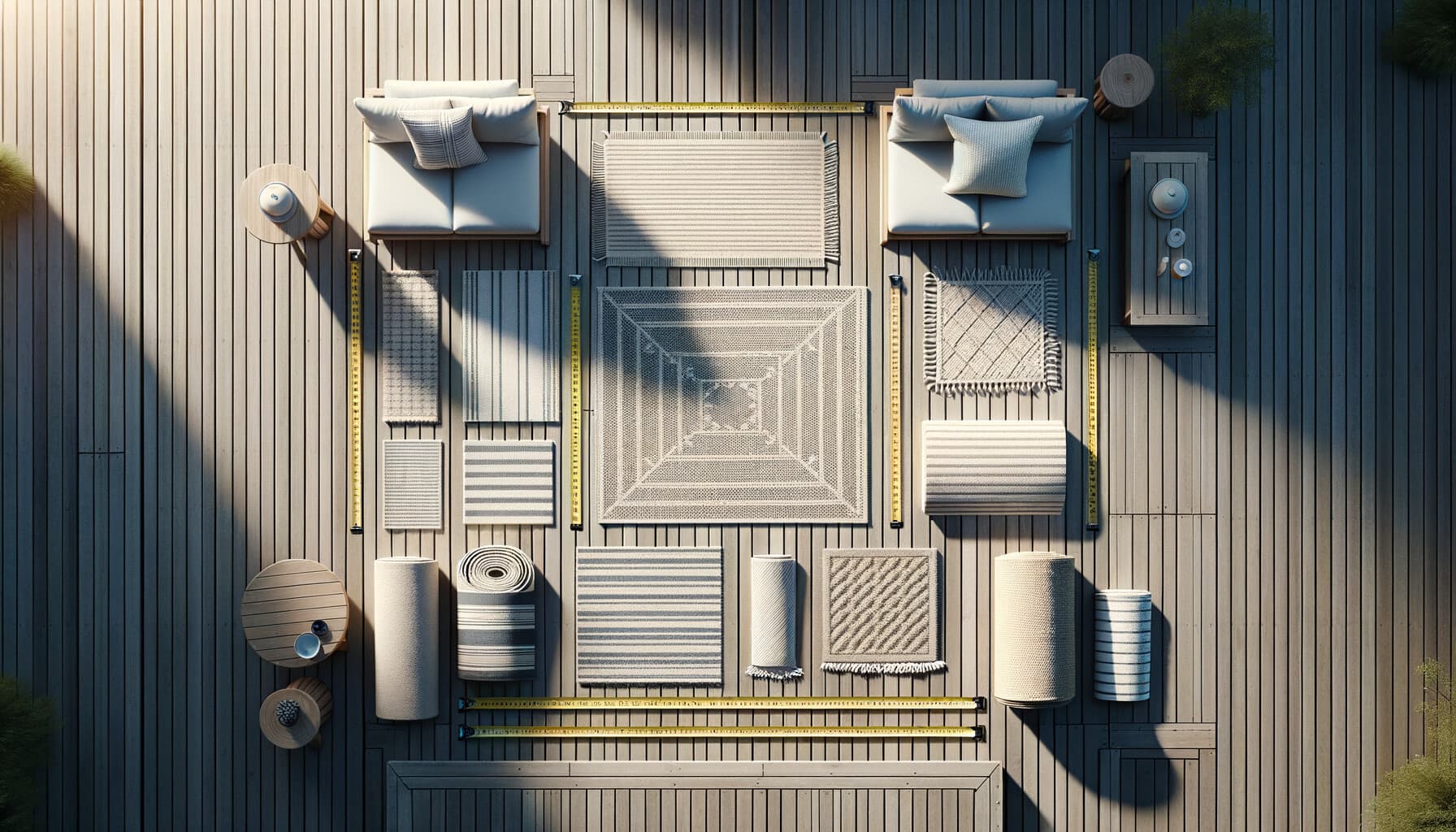 Olika storlekar av altanmattor utlagda på en altan med måttband för storleksjämförelse